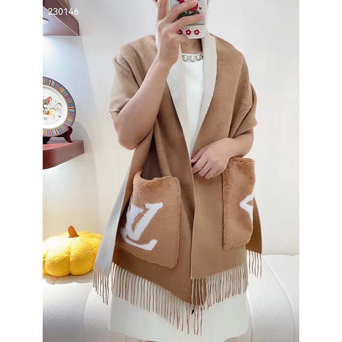 Louis Vuitton Unisex LV Cosy Mink Fur Collection Scarf Cashmere Beige Jacquard Initials Monogram Flowers