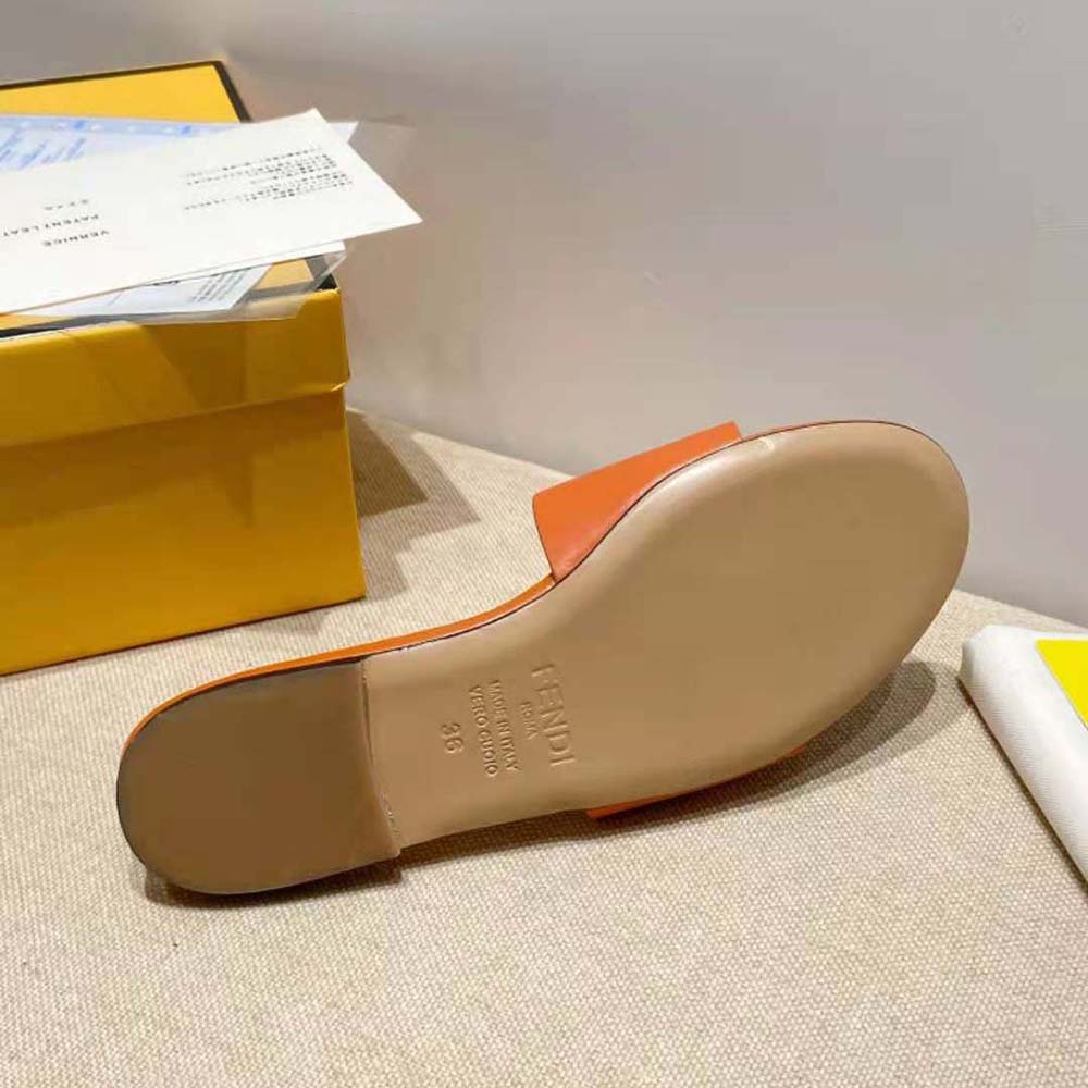 Fendi Women Signature Brown Leather Slides in 0.4 inches Heel Height