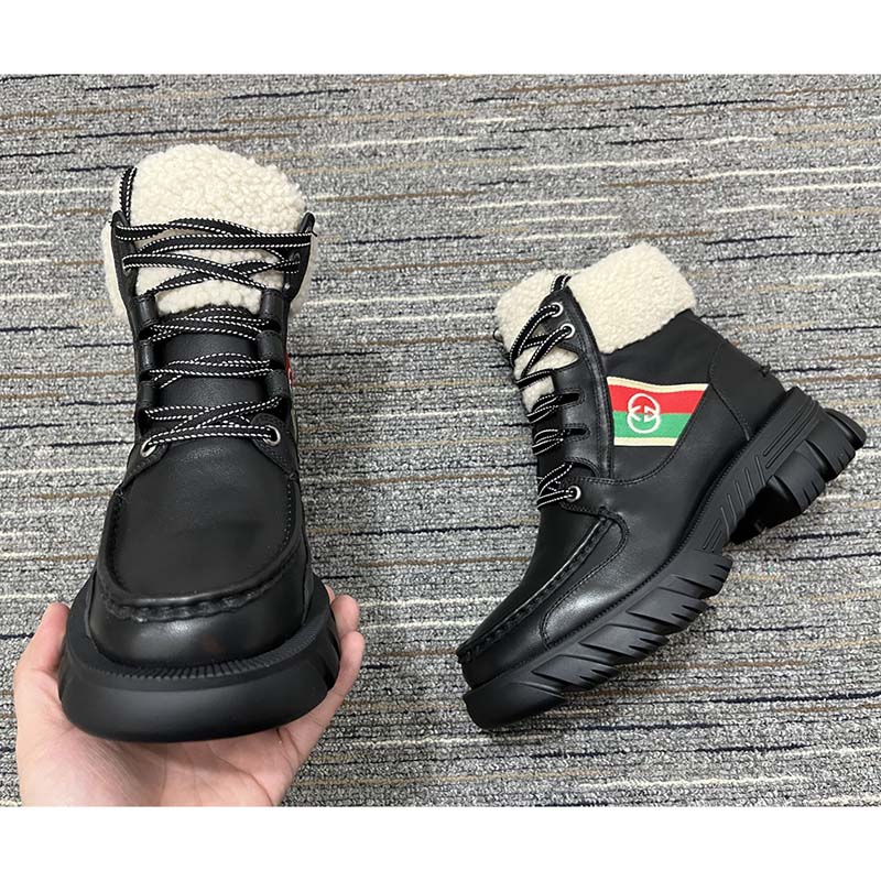 Gucci Women Ankle Boot Stripe Black Leather Merino Wool Mid 6 Cm Heel