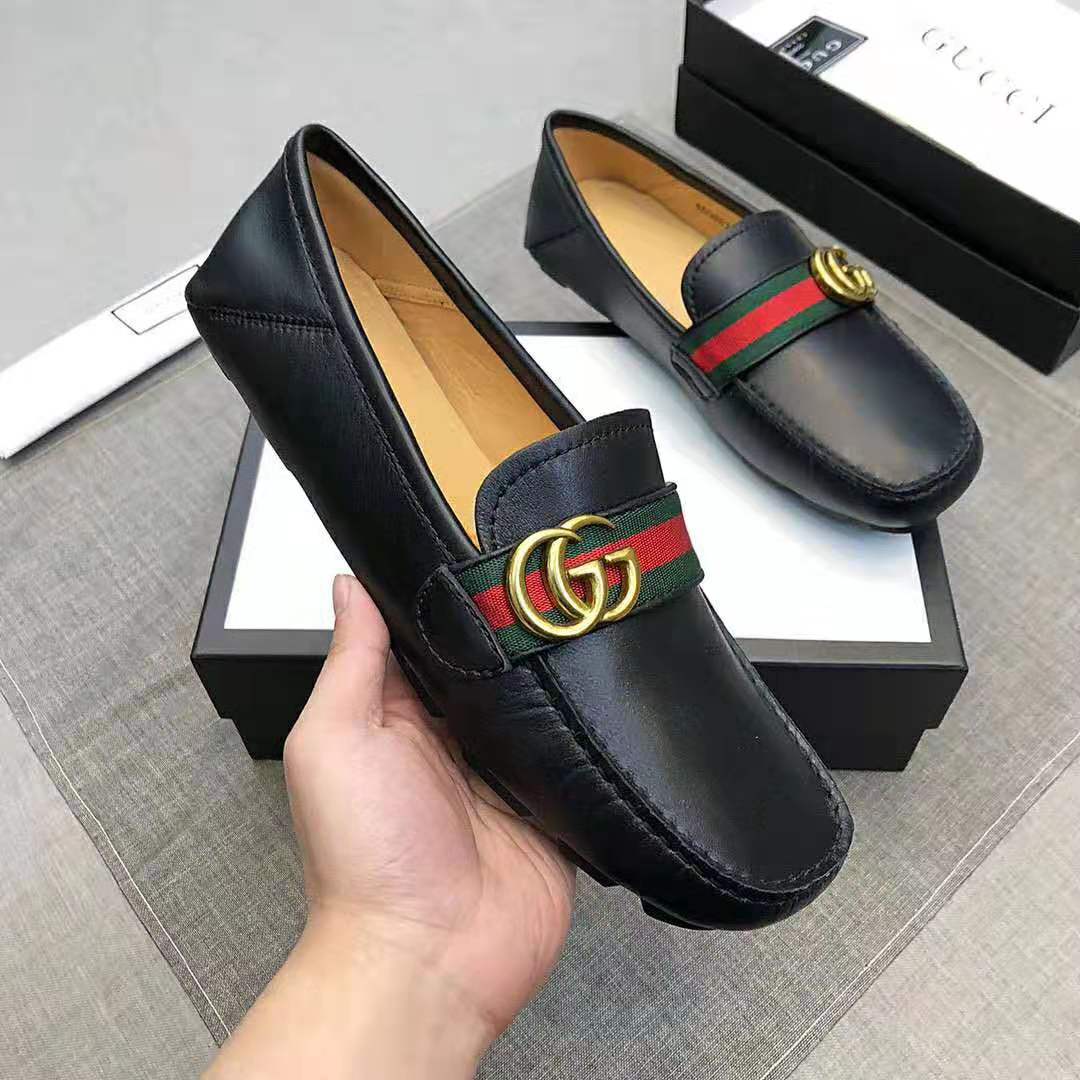 Gucci Men Leather Driver with Web-Black