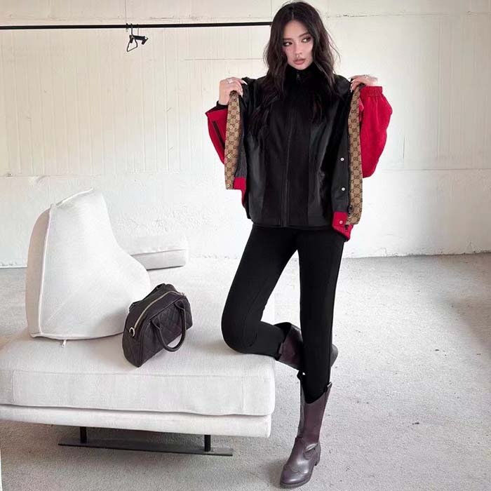 Gucci Women GG Canvas Bomber Jacket High Neck Drawstring Detachable Hood Gilet Dropped Shoulder