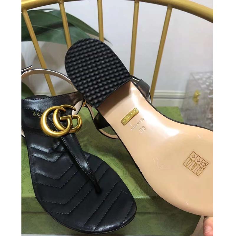 Gucci Women Double G Sandal Black Leather Double G 4.6 cm Heel