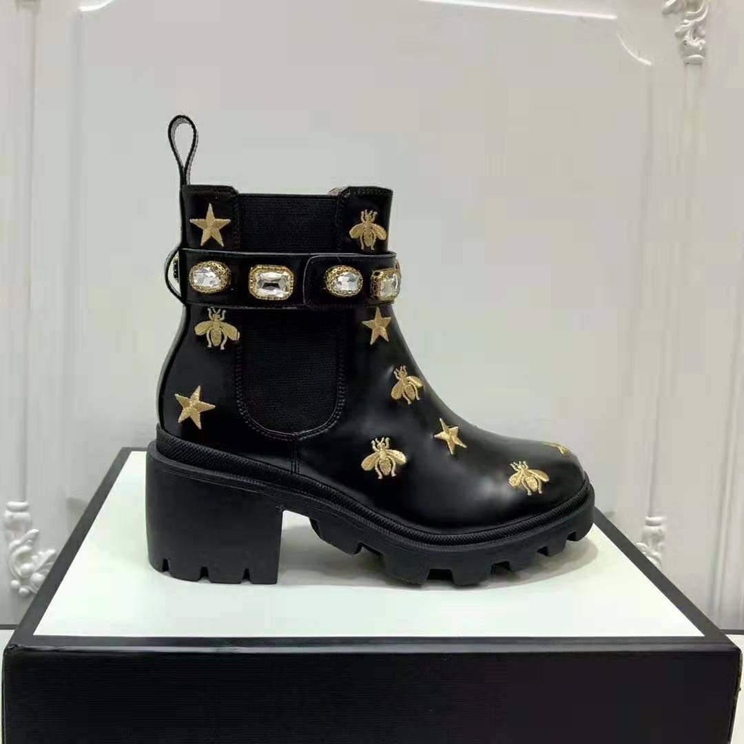 Gucci Women Gucci Embroidered Leather Ankle Boot with Belt in Black leather 6 cm Heel