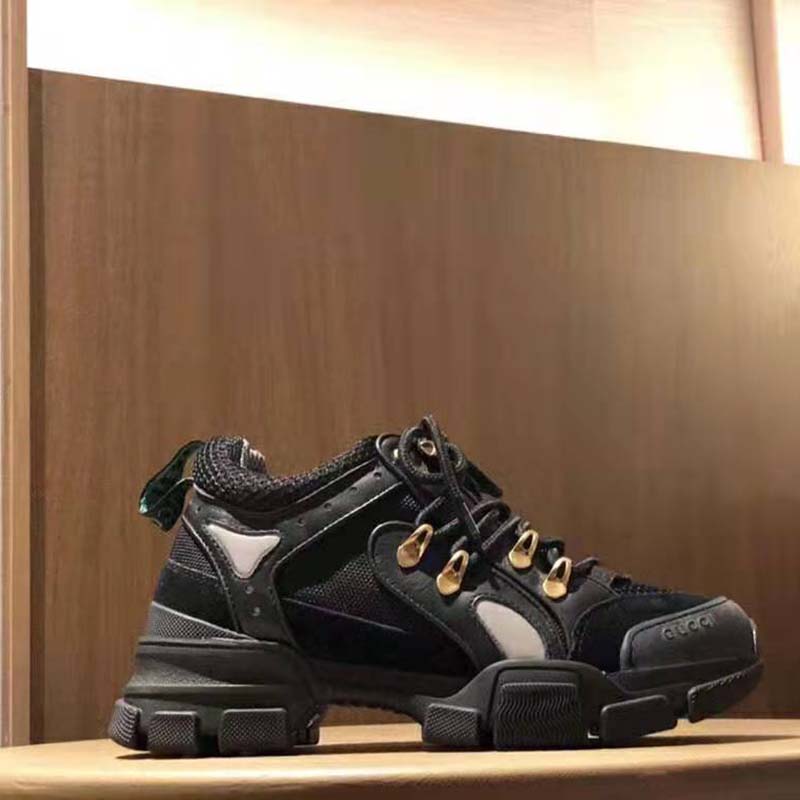 Gucci Unisex Flashtrek Sneaker with Removable Crystals in Black Leather 5.6 cm Heel
