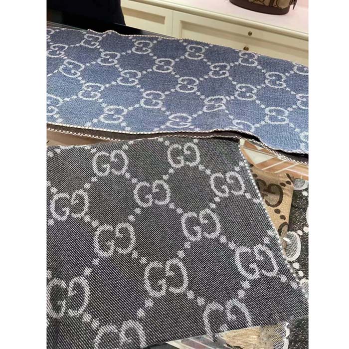 Gucci Unisex GG Jacquard Knit Scarf Tassels Navy Brown Wool