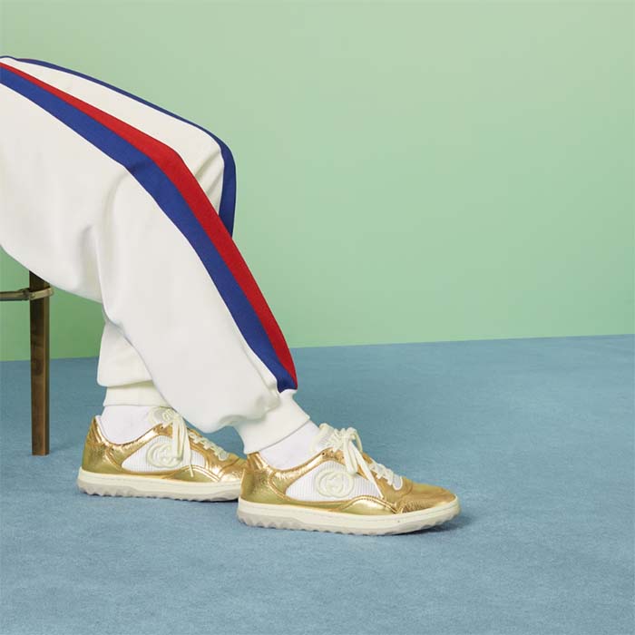Gucci Unisex GG MAC80 Sneaker Metallic Gold Leather Interlocking G Embroidery Round Toe Rubber Flat
