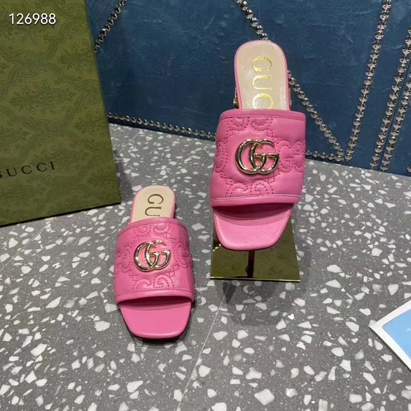 Gucci Women Matelassé Slide Sandal Pink GG Matelassé Leather Square Toe Flat