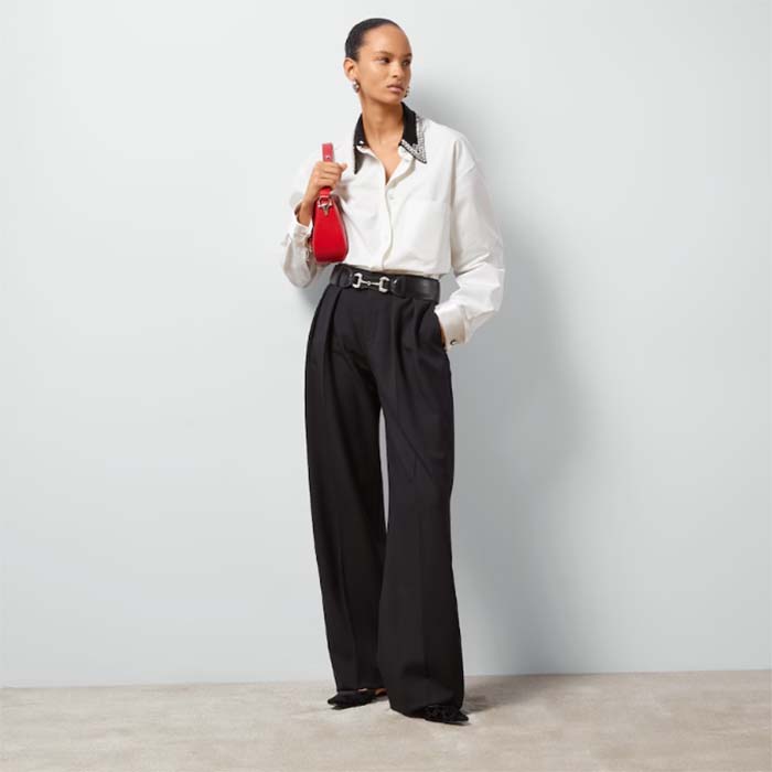 Gucci Women GG Cotton Shirt Detachable Collar White Poplin Long Sleeves