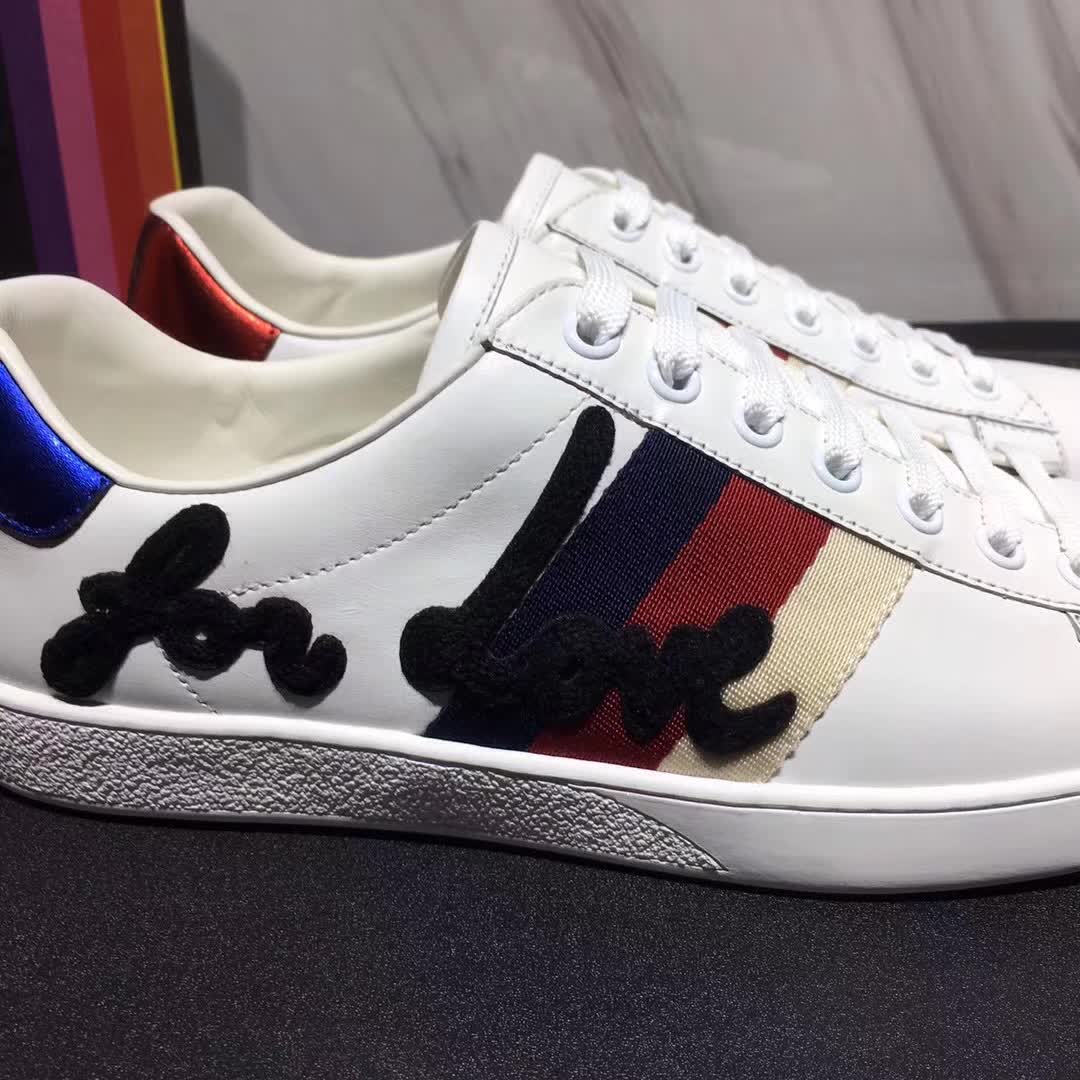 Gucci Men Ace Embroidered Sneaker Shoes in Leather with Sylvie Web-White