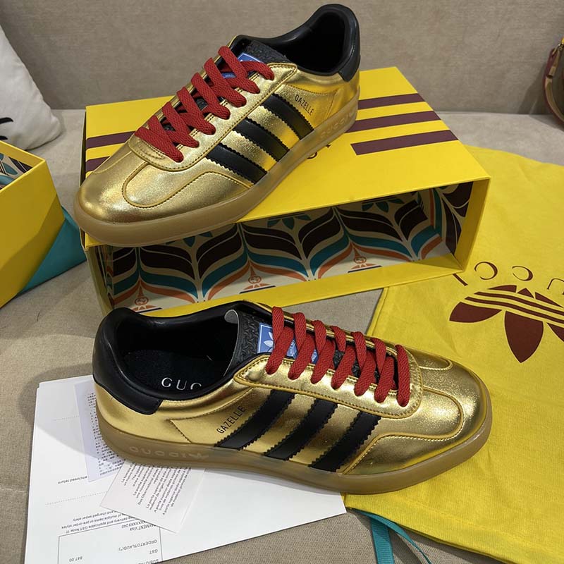 Gucci Unisex Adidas x Gucci Gazelle Sneaker Metallic Gold Leather Low 3.3 Cm Heel