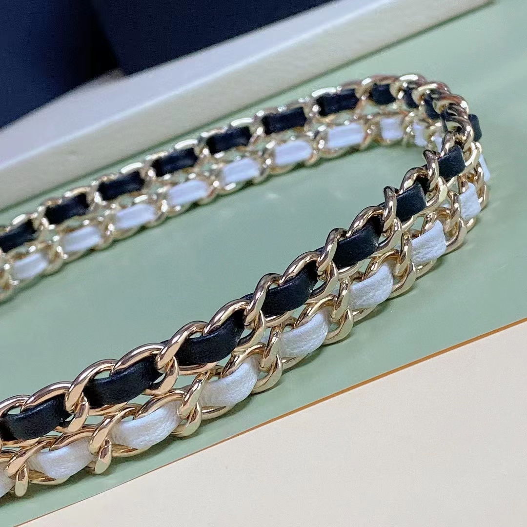 Chanel Women CC Belt Gold Tone Metal Black White Calfskin Lambskin Leather