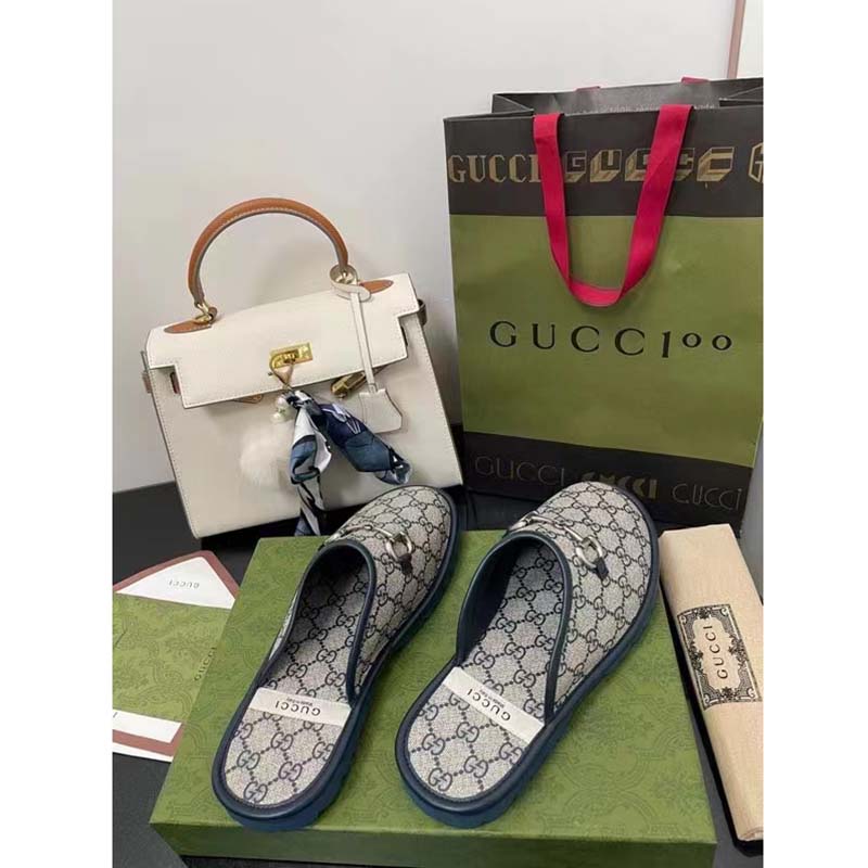 Gucci Unisex Slipper Blue Beige GG Supreme Canvas Rubber Sole Low 1 Cm Heel