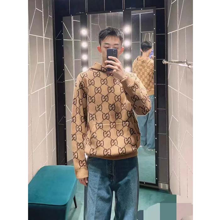 Gucci Men GG Wool Hooded Sweatshirt Camel Ebony Fixed Hood Kangaroo Pocket Rib
