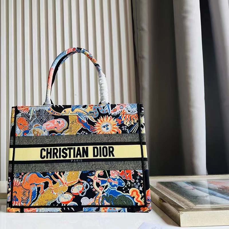 Dior Unisex CD Medium Book Tote Black Multicolor Dior Zodiac Fantastico Embroidery