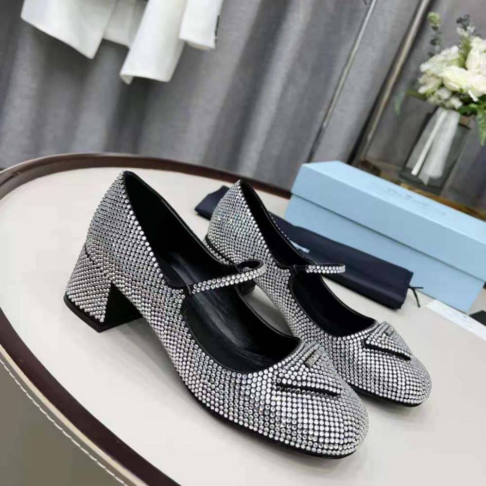 Prada Women Satin Pumps with Crystals in 45mm Heel Height-Silver