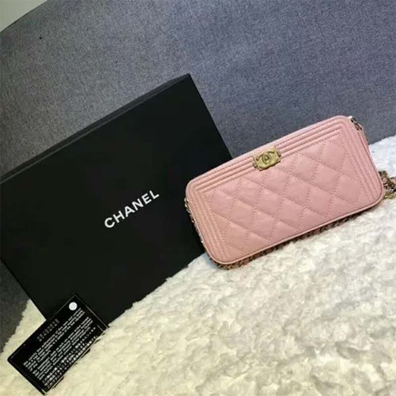 Chanel Women Boy Chanel Pink Long Zipped Wallet Grained Calfskin Leather