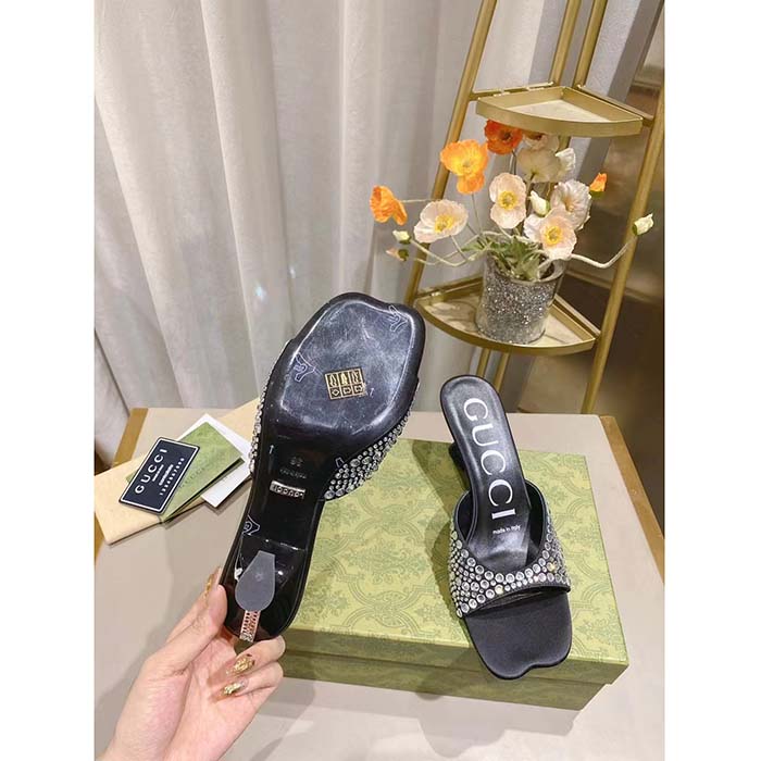 Gucci Women GG Slide Sandal Crystals Black Silk Satin Mid 6 CM Heel