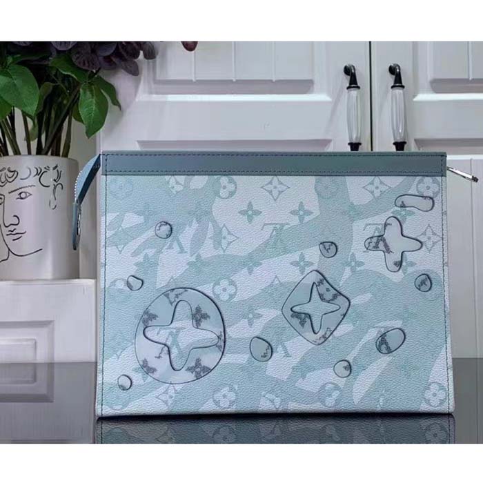 Louis Vuitton LV Unisex Pochette Voyage MM Bag Crystal Blue Monogram Aquagarden Coated Canvas