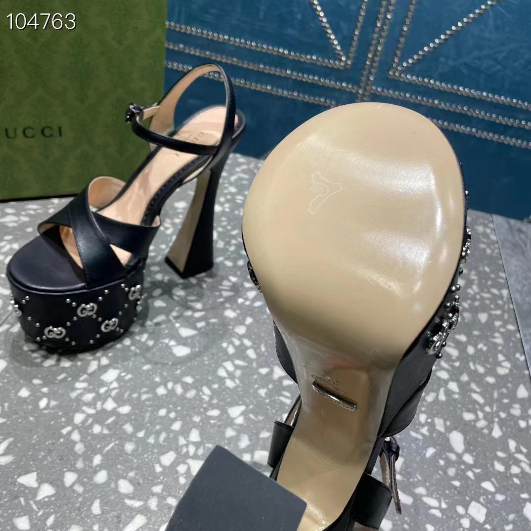 Gucci Women GG Interlocking G Studs Sandal Black Leather Spool High 15 Cm Heel
