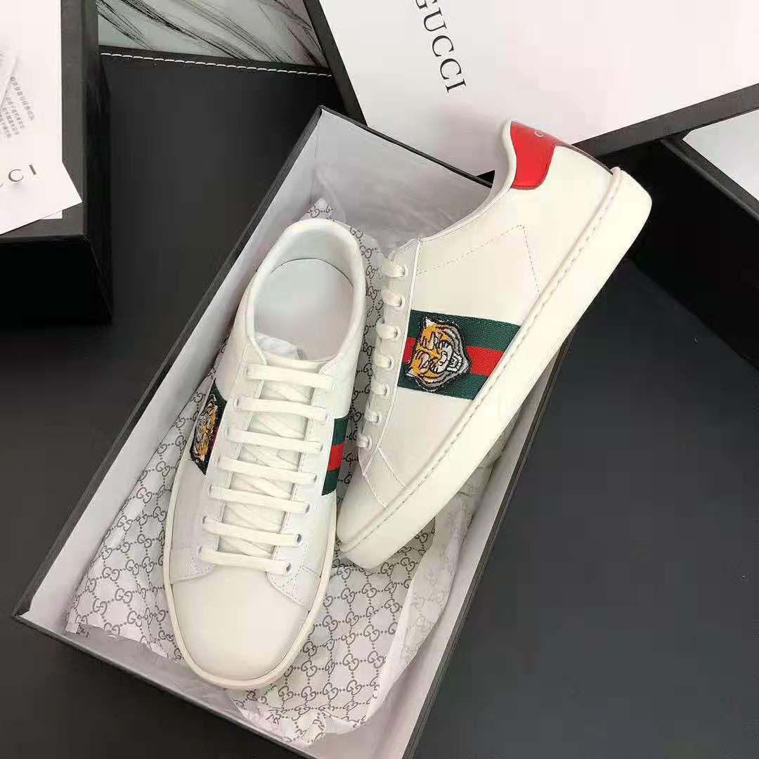 Gucci Men Ace Embroidered Sneaker with Embroidered Tiger Appliqué-White