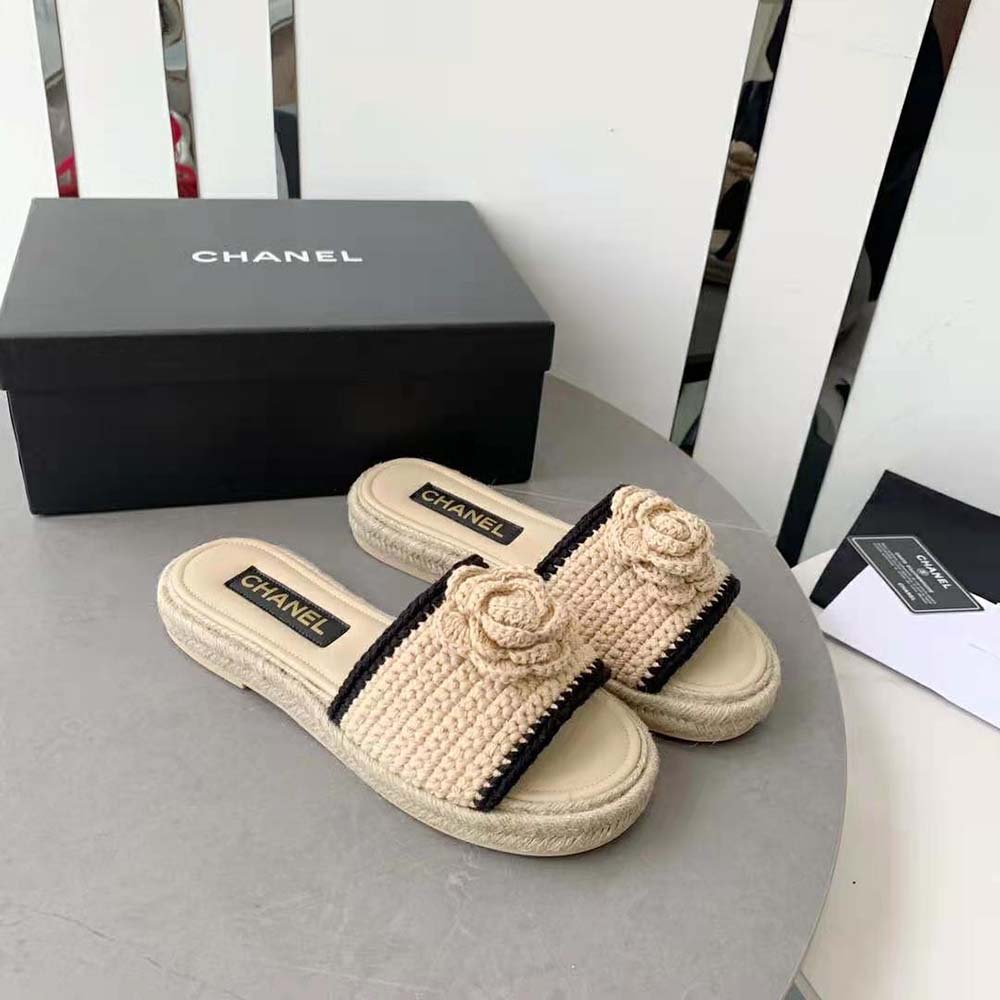 Chanel Women Mules Crochet Ivory and Black 0.5 cm Heel-Beige