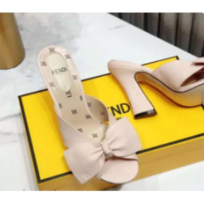 Fendi Women Slingback Sandals Wide Strap Maxi Bow Beige Leather