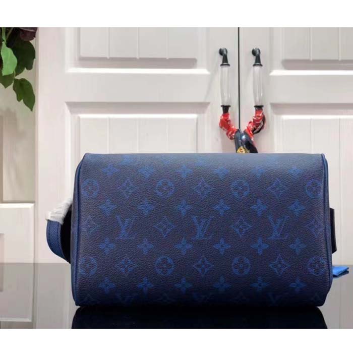 Louis Vuitton LV Unisex Dopp Kit Toilet Pouch Blue Taiga Cowhide Leather Monogram Coated Canvas