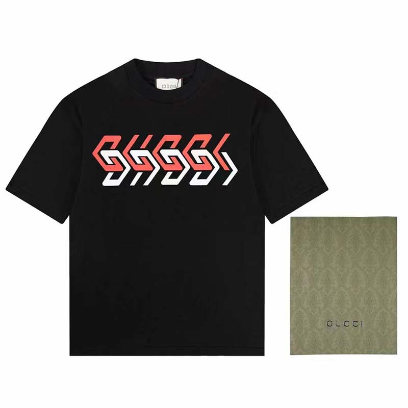 Gucci GG Men Cotton Jersey T-Shirt Black Gucci Mirror Print Crewneck Oversize Fit