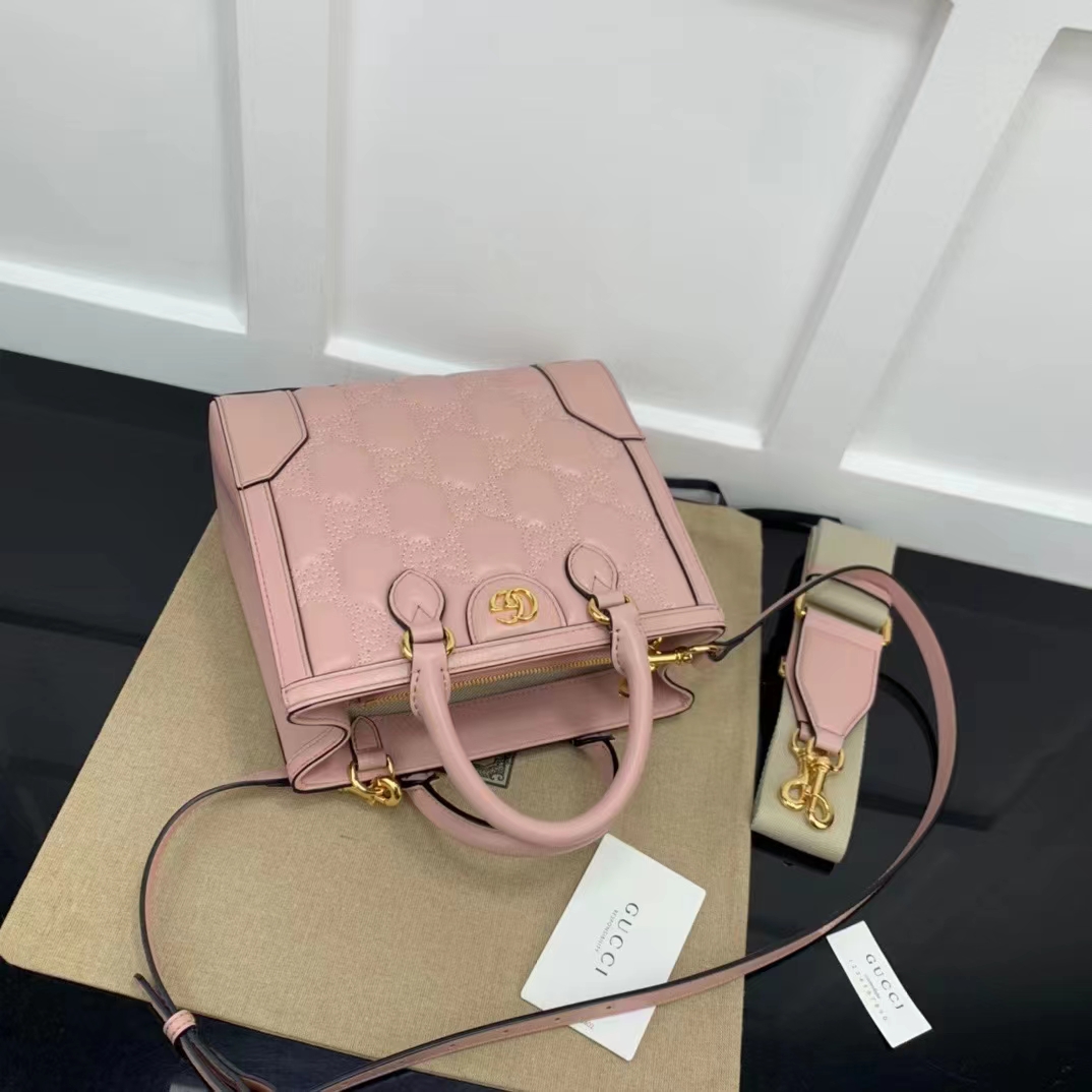 Gucci Women GG Matelassé Mini Top Handle Bag Pink Leather Double G