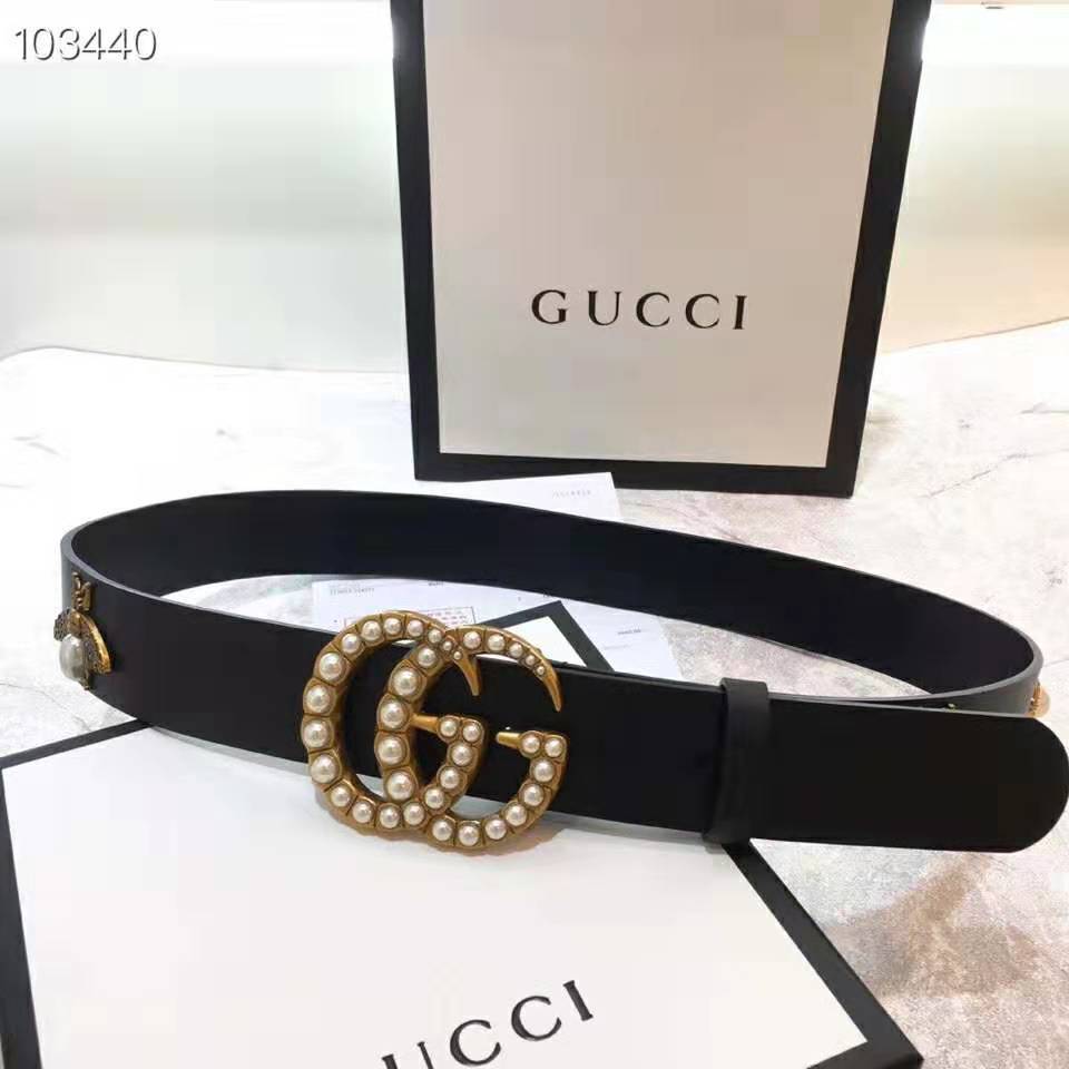 Gucci Unisex Leather Belt with Pearl Double G-Black