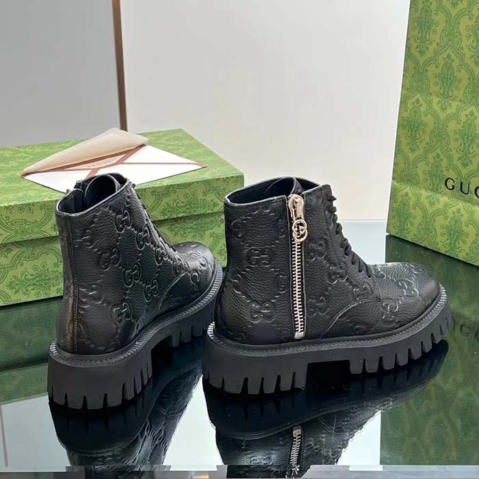 Gucci Unisex GG Leather Boots Rubber Lug Sole Lace-Up Interlocking G Flats