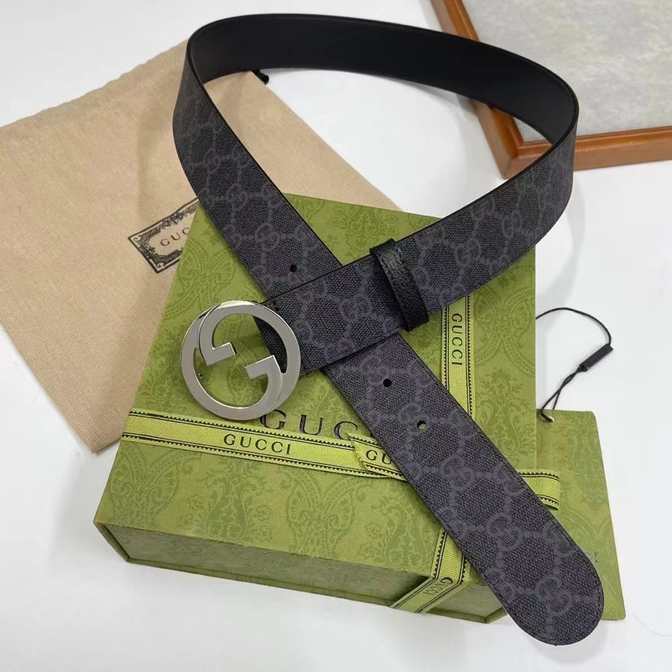 Gucci Unisex GG Blondie Belt Round Interlocking G Buckle Black GG Supreme Canvas