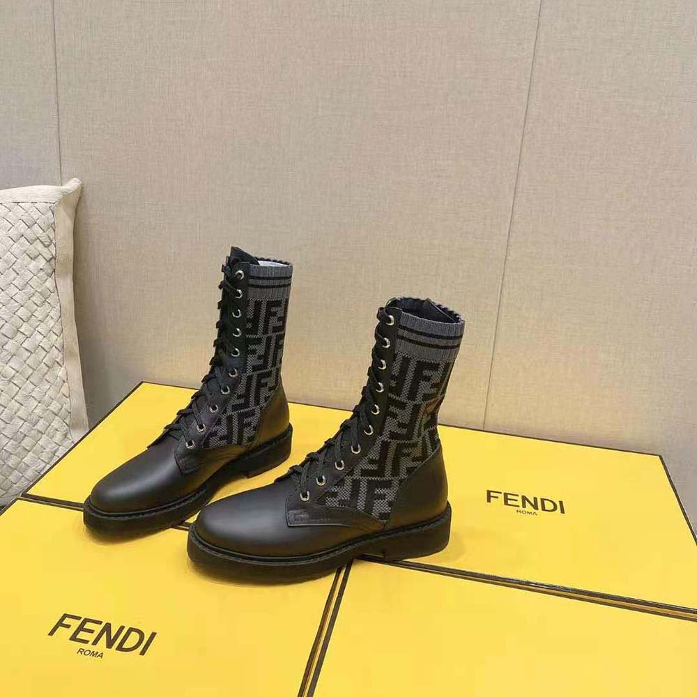 Fendi Women Rockoko Black Leather Biker Boots with Stretch Fabric