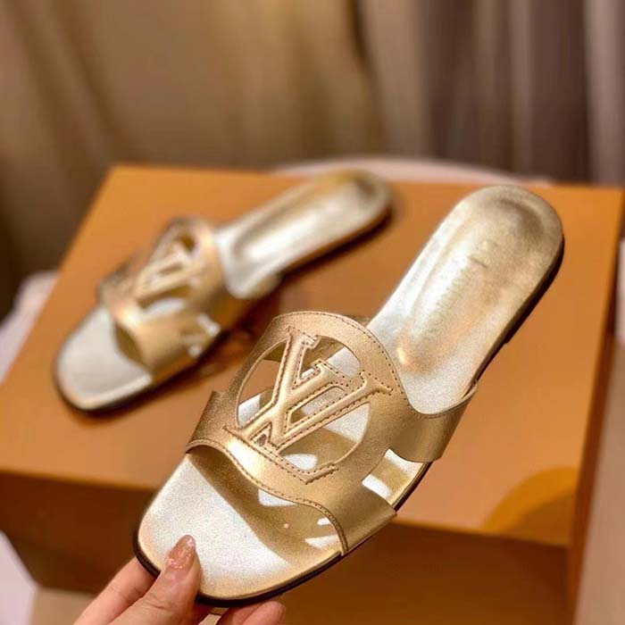 Louis Vuitton LV Unisex Isola Flat Mule Gold Metallic Lamb Leather Circle Signature