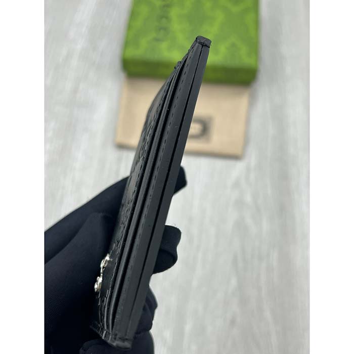 Gucci Unisex GG Gucci Signature Card Case Black Leather Metal Four Card Slots