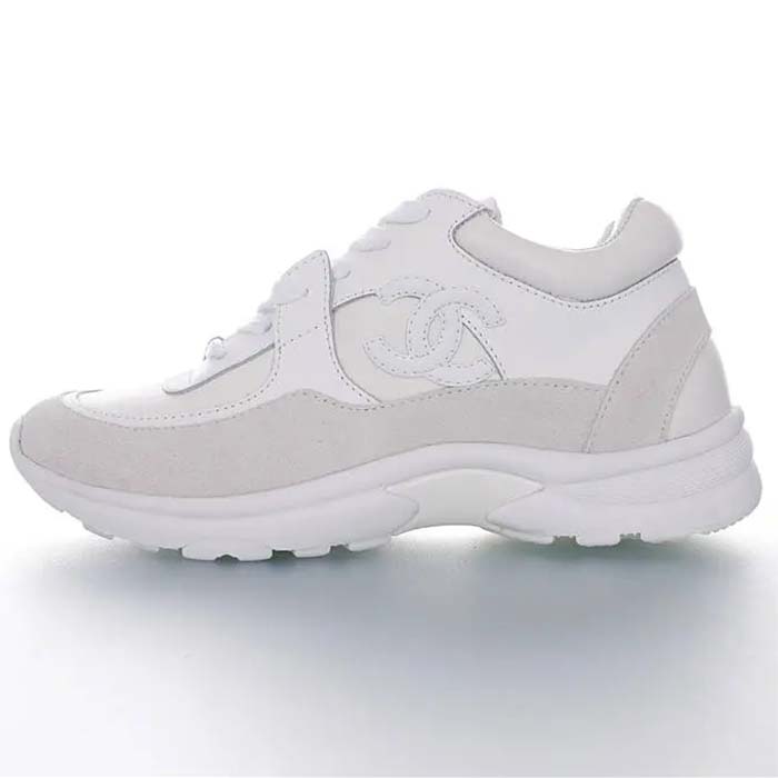Chanel Women CC Low Top Sneakers Calfskin Suede Triple White