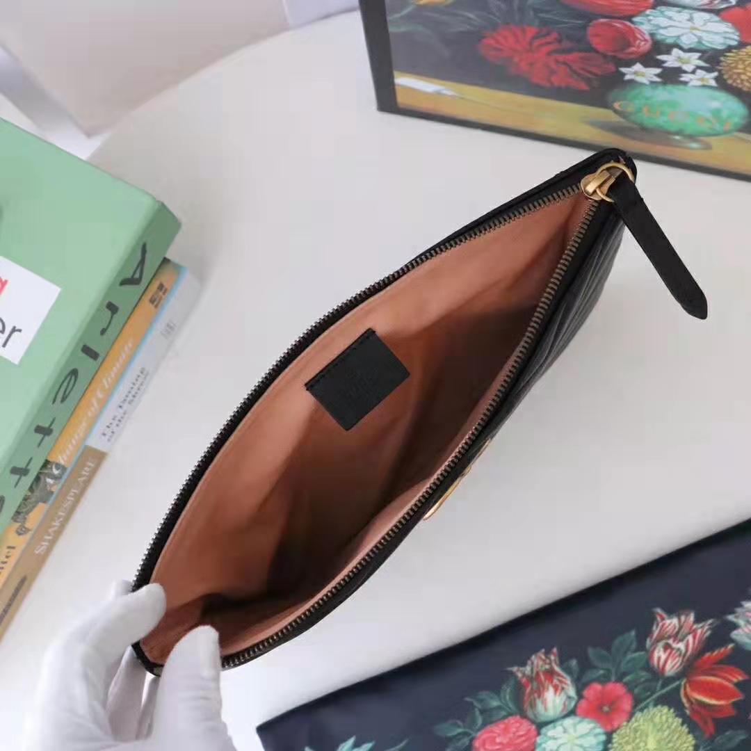 Gucci GG Women GG Marmont Leather Pouch in Black Matelassé Chevron Leather with Heart