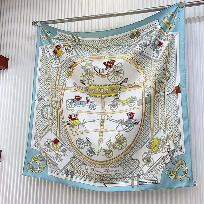Hermes Women Les Voitures Nouvelles Scarf 70 Silk Bleu Beige