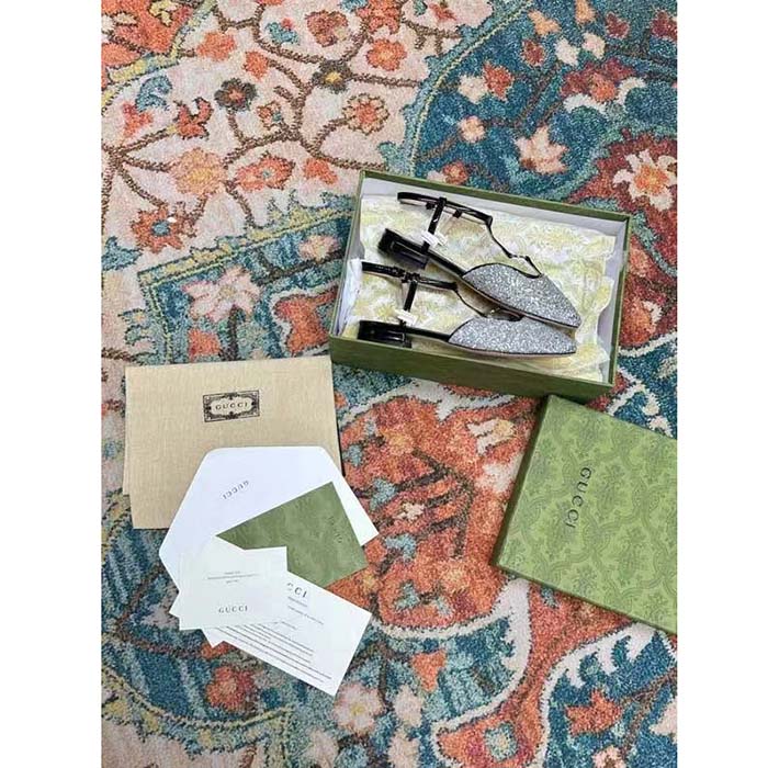 Gucci Women GG Double G Ballet Flat Black Glitter Leather Square Toe 1.5 CM Heel