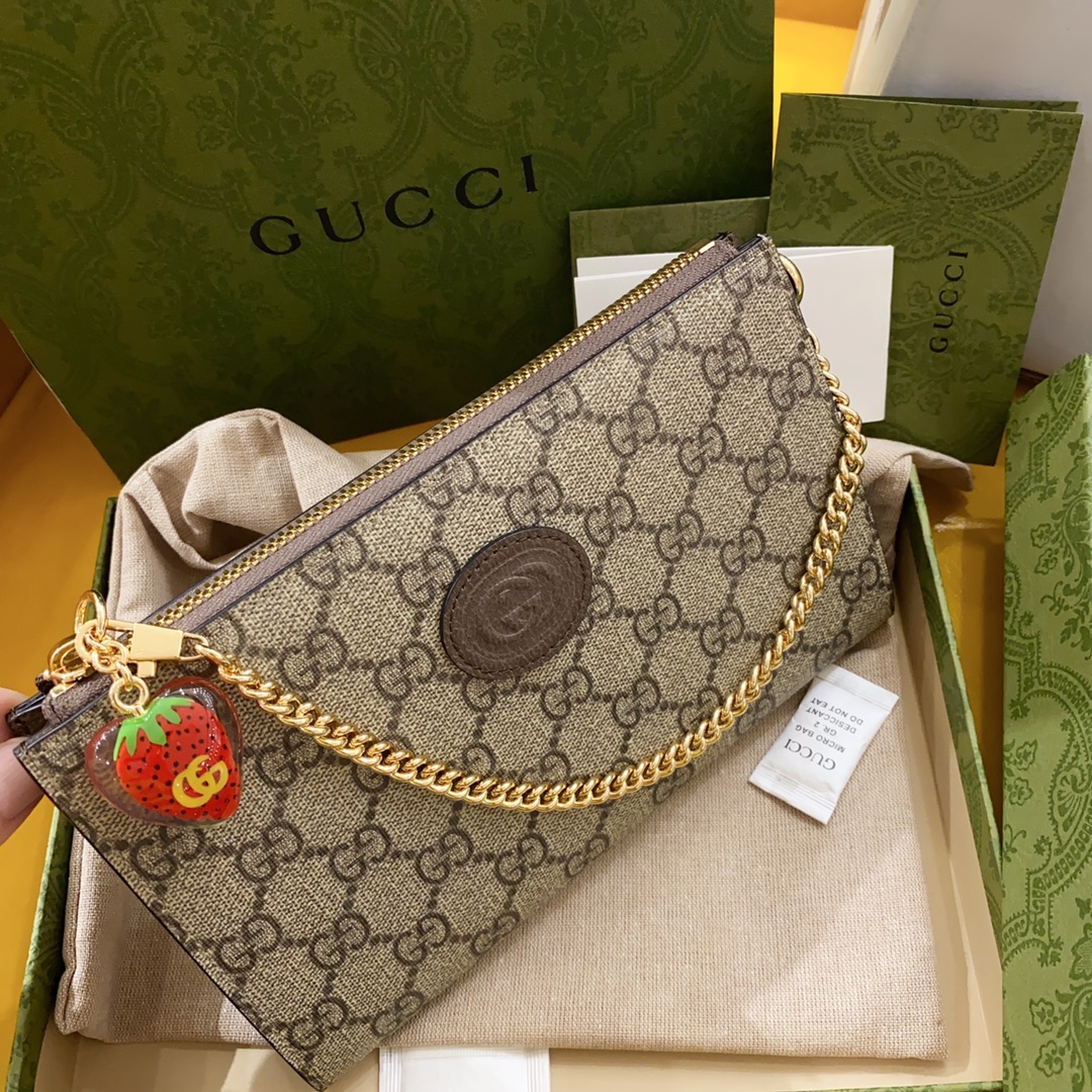 Gucci Unisex Wrist Wallet Double G Strawberry Beige Ebony GG Supreme Canvas