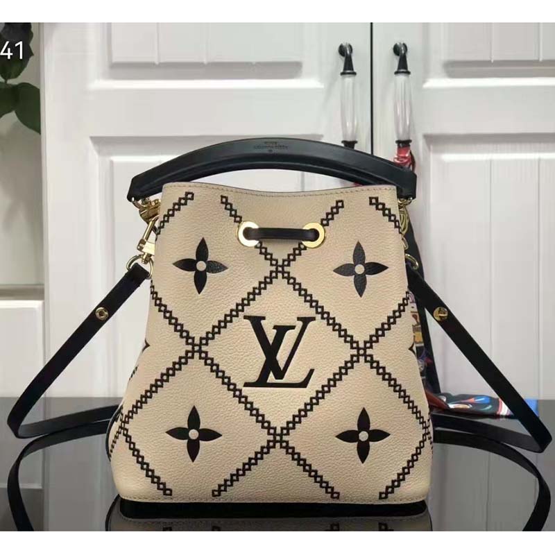 Louis Vuitton LV Women NéoNoé MM Bucket Bag Beige Embroidered Embossed Grained Cowhide