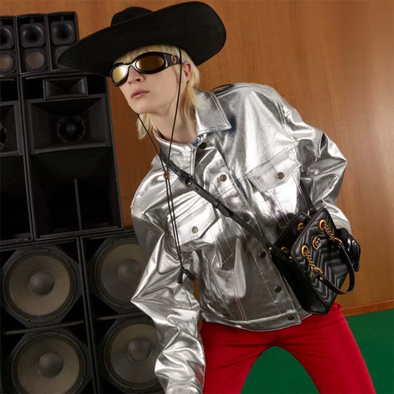 Gucci Women GG Marmont Matelassé Mini Bag Black Chevron Leather