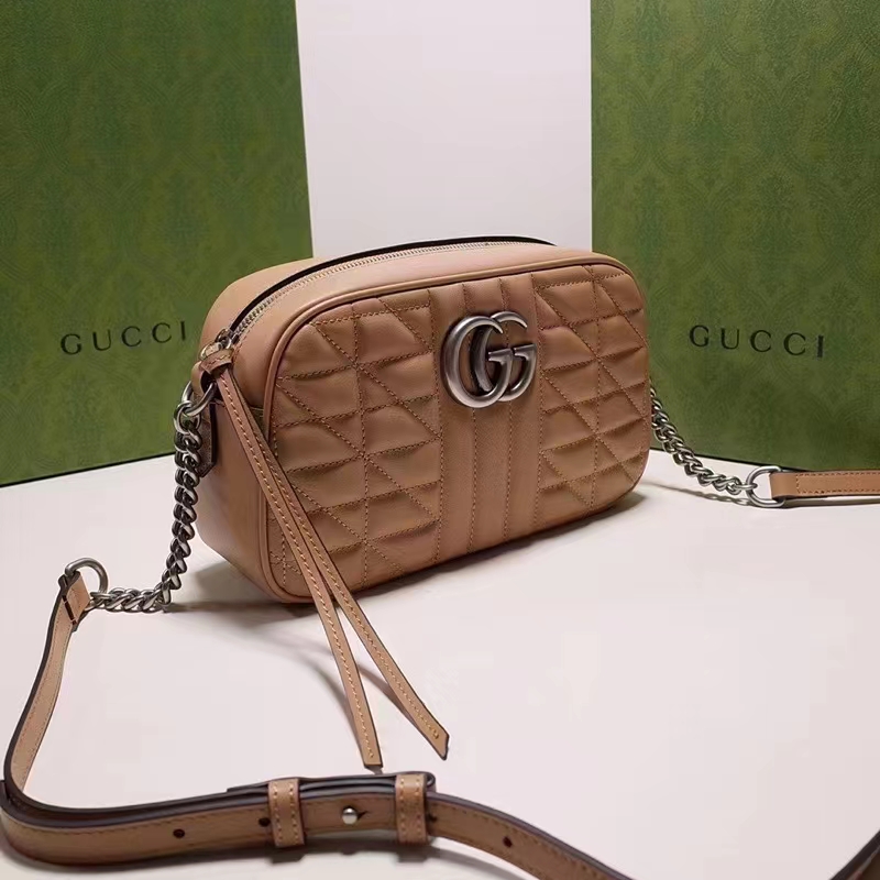 Gucci Women GG Marmont Small Shoulder Bag Beige Matelassé Leather