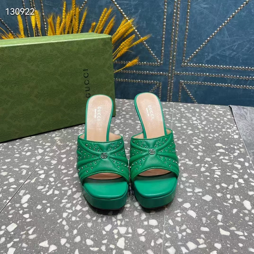 Gucci Women Heeled Slide Sandals Green Leather Studs Spool High 15 Cm Heel