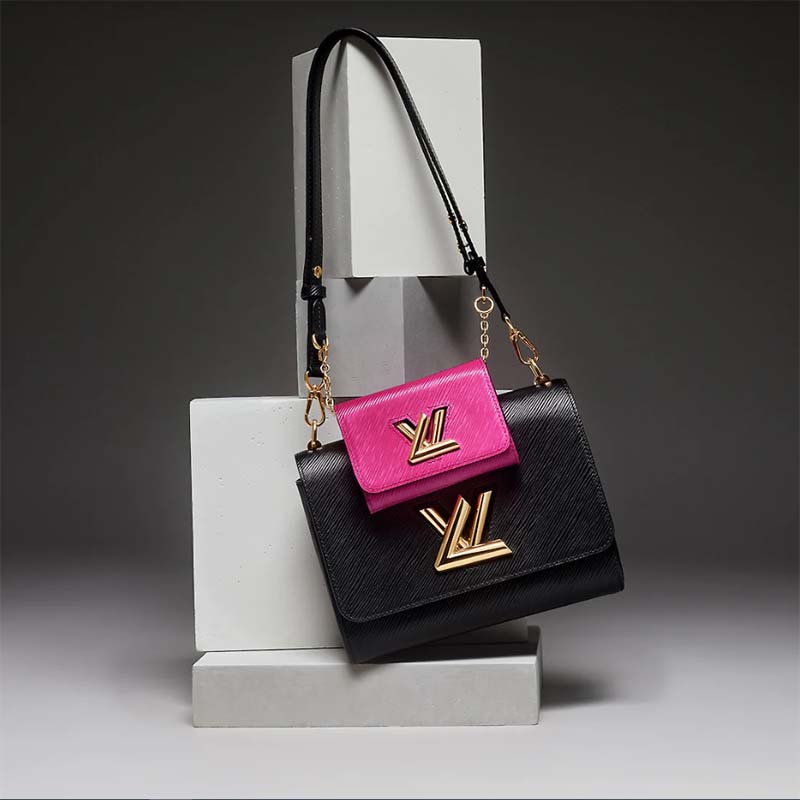 Louis Vuitton LV Women Twist MM Handbag Black Fuchsia Epi Grained Cowhide Leather