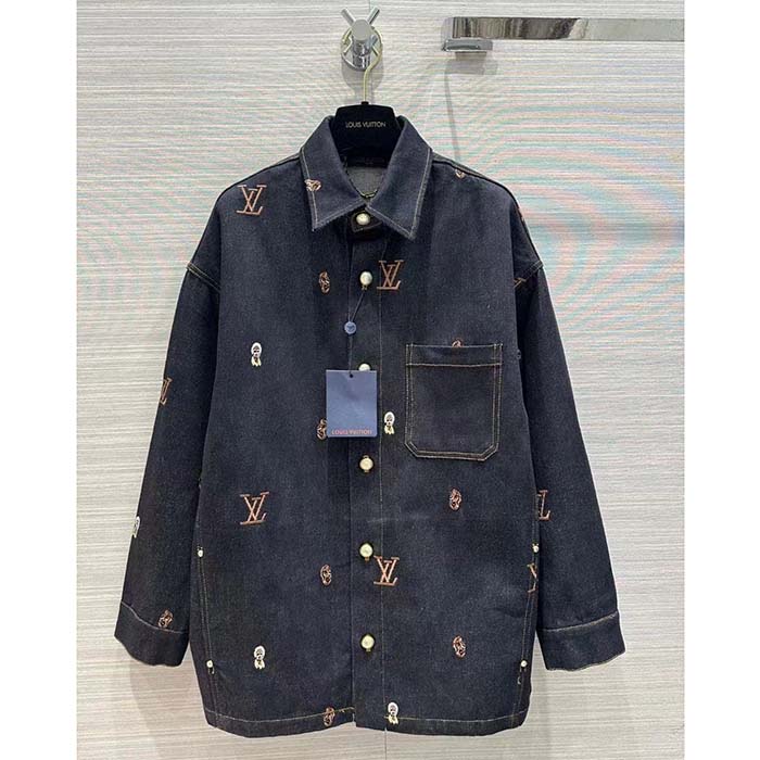 Louis Vuitton Women LV RUNWAY Embroidered Denim Overshirt Oversized Fit Indigo Cotton 1AFHVF