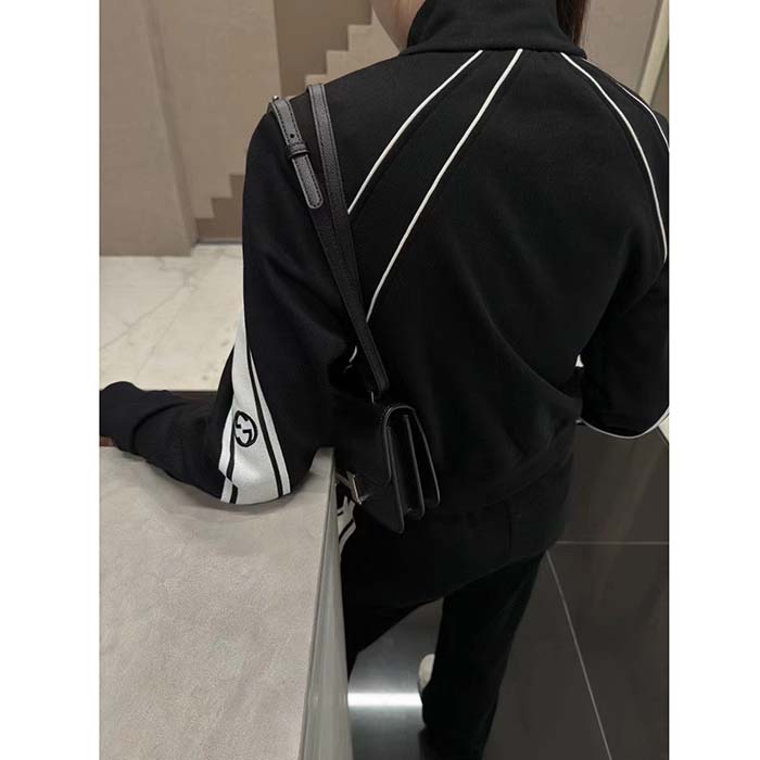 Gucci GG Women Cotton Jersey Zip Jacket Black Lightweight Felted Point Collar Long Sleeves