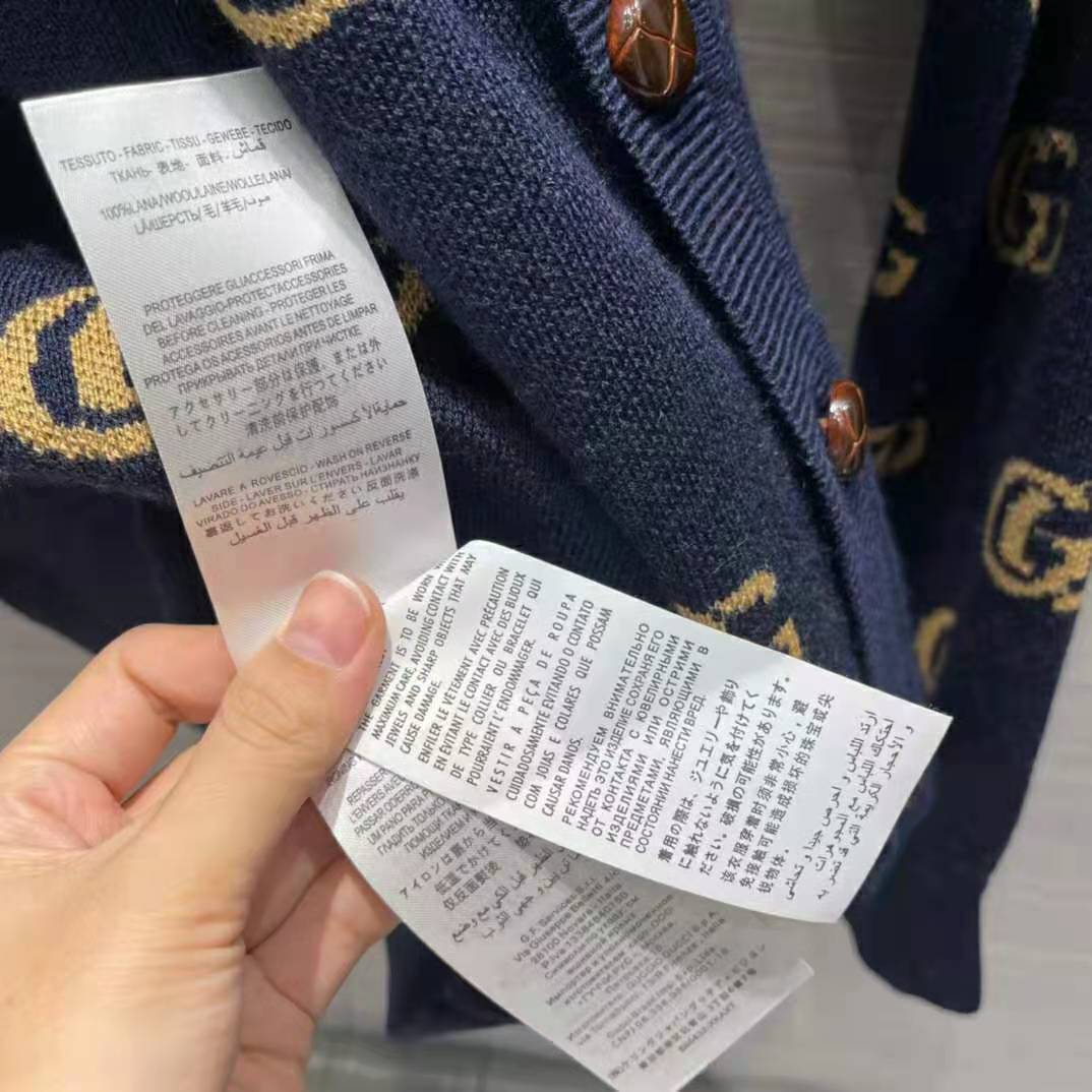 Gucci Women Double G Jacquard Wool Cardigan Front Pockets Blue and Beige