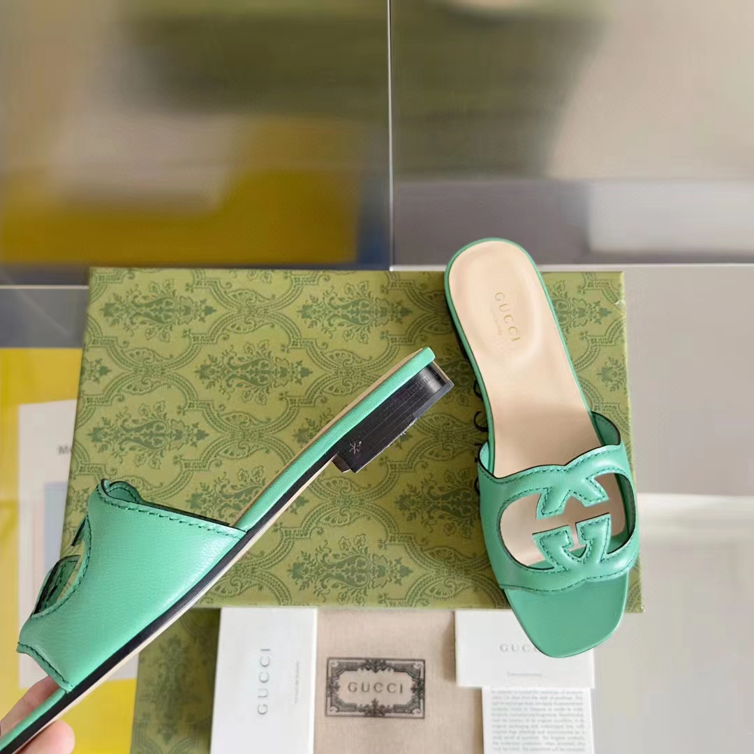 Gucci Women Interlocking G Cut Out Slide Sandal Bright Green Leather Flat