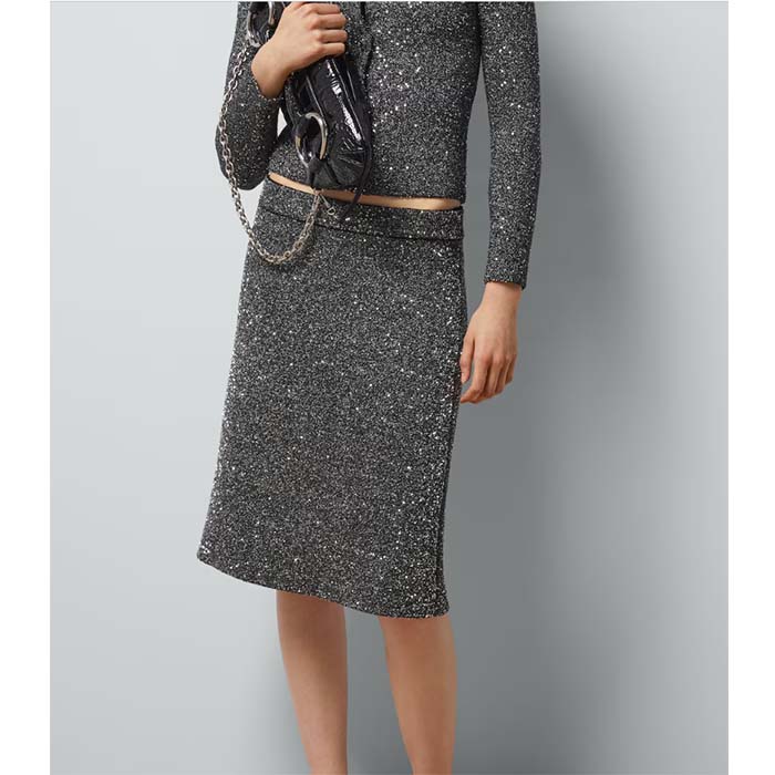 Gucci Women GG Viscose Knit Skirt Blend Sequin Embroidery Black Silver A-Line Zip Closure